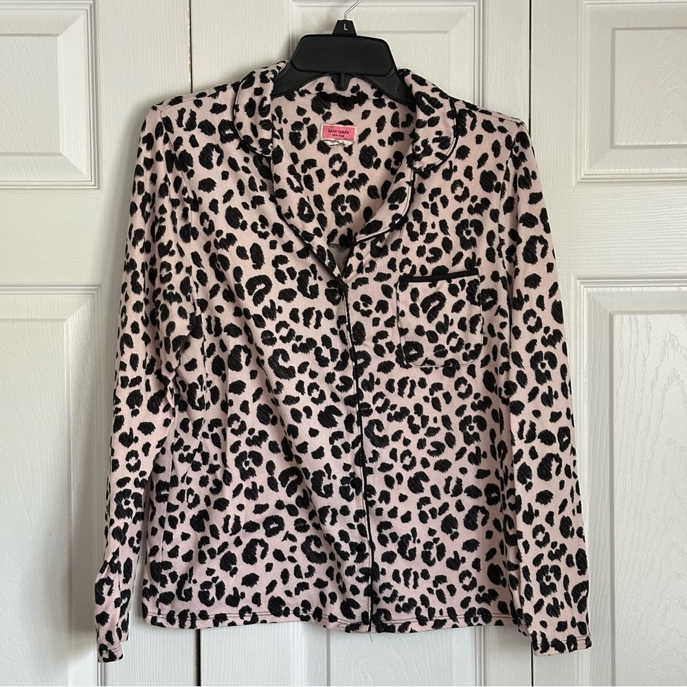 Kate Spade Pajama Top Womens M Pink Leopard Print Long Sleeve Button Up Lounge